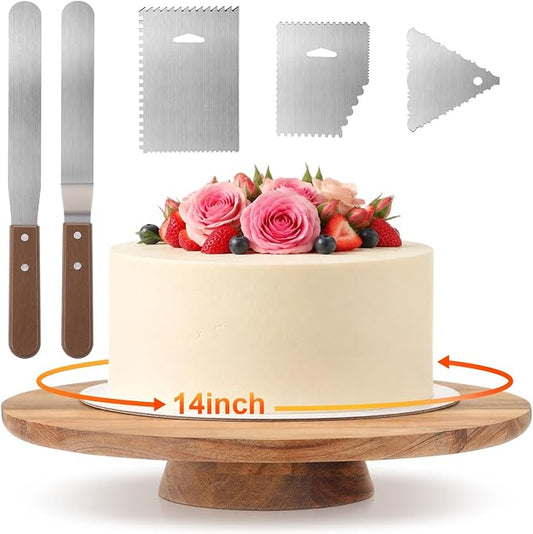 Gisafai 14 Inch Acacia Rotating Cake Stand Rustic Wood Pedestal Stands Turntable with 2 Icing Spatulas 3 Smoothers Wooden Cupcake Dessert Display for Wedding Party Decoration