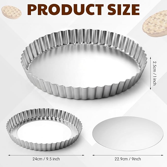 Hushee 2 Pack 9 Inch Tart Pan with Removable Bottom Non-Stick Carbon Steel Quiche Pan for Oven Baking Molds for Pies Quiches Fruit Tart Cake with Fluted Edges, Silver (1 Inch Deep)