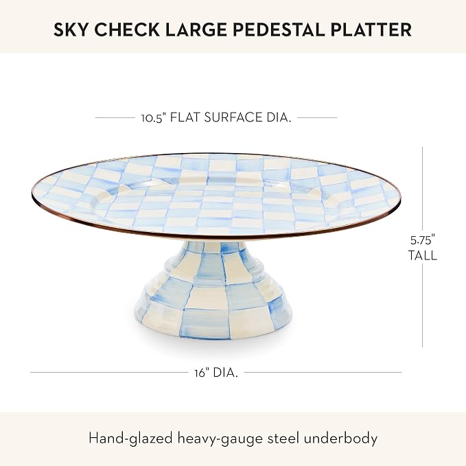 MACKENZIE-CHILDS Enamel Pedestal Platter, Round Cake Stand, Large, 16 Inches, Light-Blue-and-White Sky Check