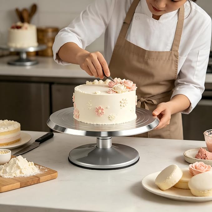 12-Inch Aluminum Alloy Cake Turntable, Rotating Cake Decorating Stand with Non-Slip Detachable Base & Concentric Marking Circles, Smooth 360° Rotation for Baking, Model Coloring, Display (Silver)