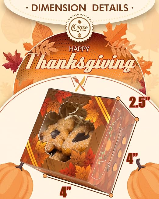 qiqee Thanksgiving Bakery Boxes with Window 100pcs 4x4x2.5 Mini Cookie Boxes Macaron Boxes Small Donut Pastry Boxes for Thanksgiving
