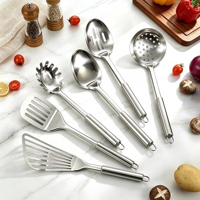Stainless Steel Kitchen Utensils Set - 12pcs Cooking Utensils Set with Holder, Heat Resistant Kitchen Tool Set for Cooking with Turners, Potato Masher, Spatula, Spoons, Tongs, Whisk
