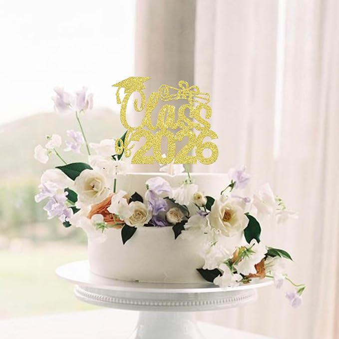 1 Pack Class of 2026 Cake Topper Glitter Congrats 2026 Graduation Cake Pick for Graduation Grad 2026 Theme Boys Girls Graduate Party Cake Decorations Supplies Gold