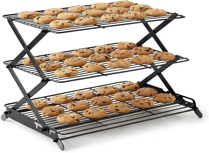 3 Tier Cooling Rack, Collapsible Adjustable Height Wire Baking Rack with Stable X-Leg Design, Space-Saving Cooling Racks for Cooking and Baking Cookies, Cakes & Pastries, 17.1" x 9.8", Black