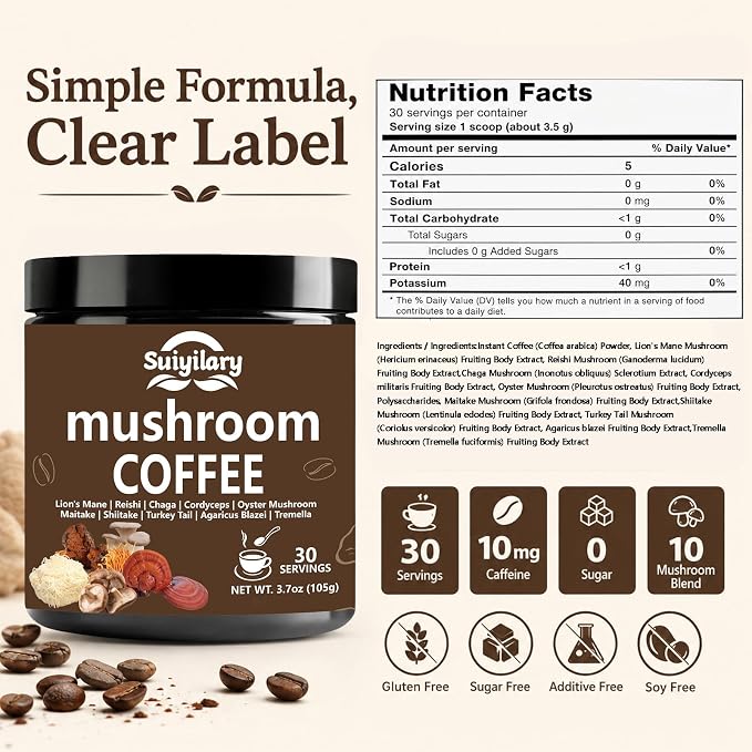 Suiyilary 10 Mushroom Coffee with Arabica w, Lion's Mane, Reishi, Mushroom Polysaccharides & More, Instant Mushrooms Powder for Focus, Immunity Boost, Memory & Clarity - 30 Servings