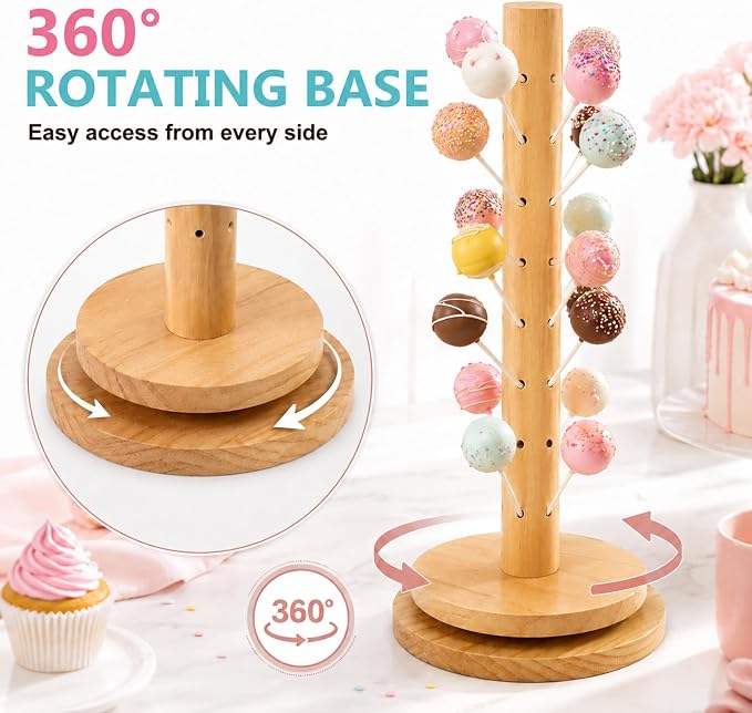 Wooden Cake Pop Stand Kit with 360° Spinning Base, 49Hole Lollipop Holder with Cake Ball Scoop, 100 Paper Sticks, 100 Clear Treat Bags and 100 Twist Ties, Easy Twist Assembly for Parties