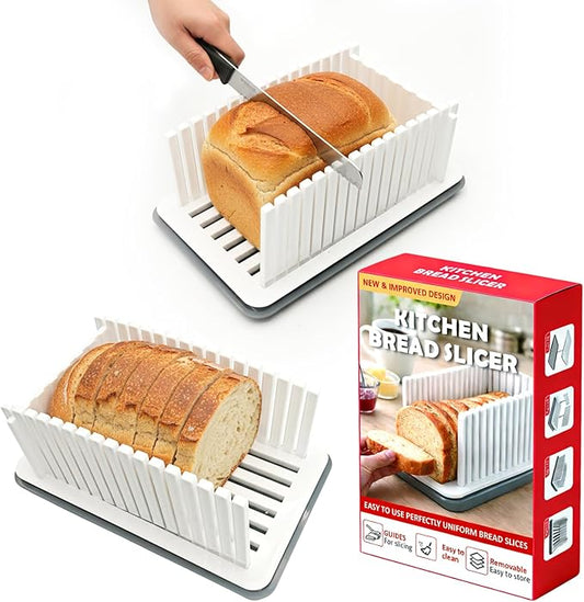 New Upgrade Bread Slicer for Homemade Bread, Bread Slicing Guide Adjustable Width, Foldable and Compact Cutting Guide with Crumb Tray, Suitability for Homemade Bread, Bagels, Cakes