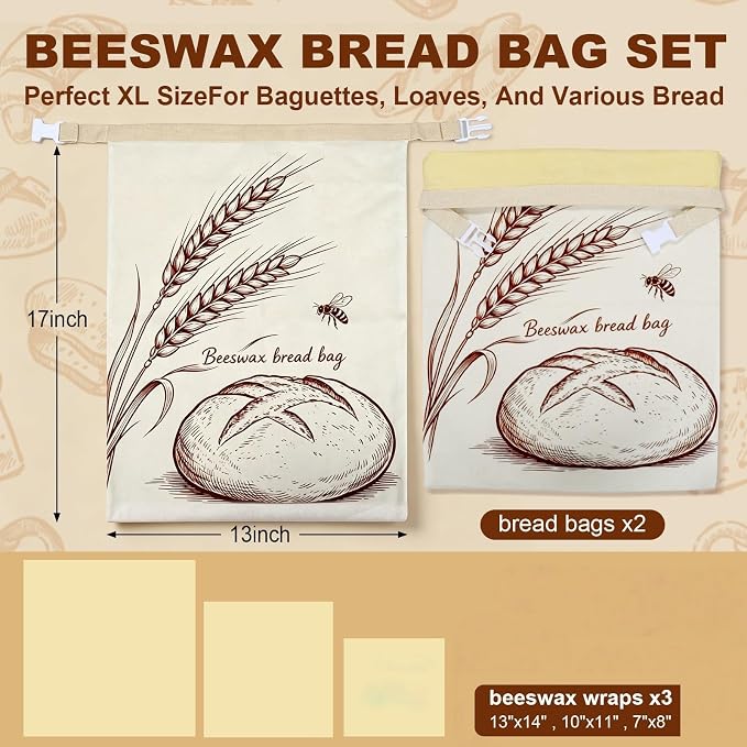 2-Pack Beeswax Bread Bags & 3 Wraps for Sourdough & Homemade – Fold Buckle | Natural cotton, 17x13 in bag with roll & buckle. Includes 3 wraps S/M/L. Reusable, freezer safe, washable, keeps bread fresh.