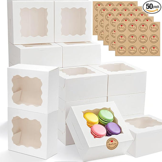 50pcs Cookie Boxes with Window, 6x6x3 Inches White Bakery Boxes, 60 Pcs Stickers,for Small Cookies, Treats, Candy, Desserts, Chocolate Covered Strawberries,Mini Cake Boxes