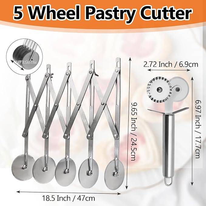 5 Wheel Pastry Cutter， Stainless Steel Expandable Dough Divider & Cinnamon Roll Cutter for Pasta, Pizza, Brownies - 2-Pack Multi-Use Baking Tool