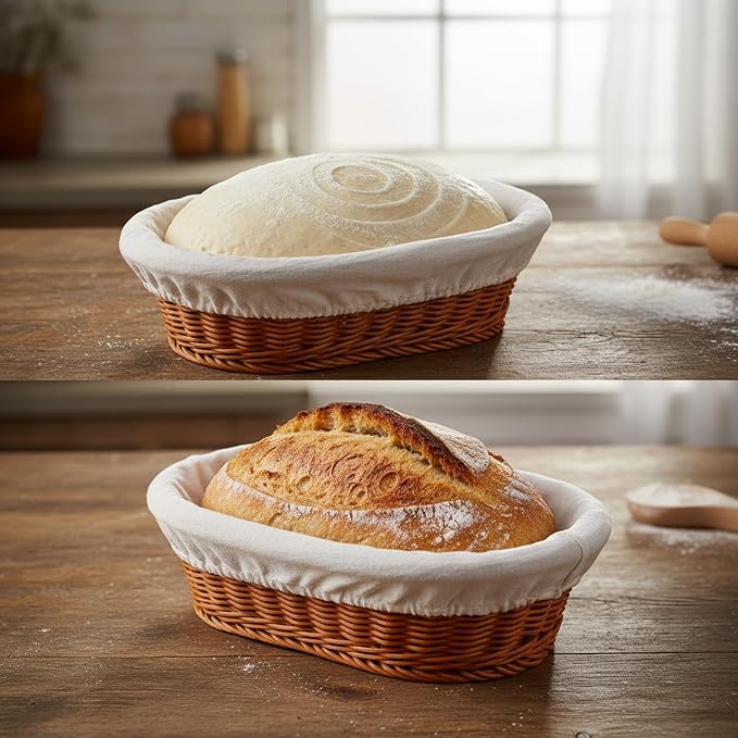 14" Bread Proofing Basket with Non-Stick Linen Liners,Wicker Sourdough Proofing Bread Baking Supplies,Oval Banneton Bread Baskets for Home Bakers Homemade Bread Baking（Wicke Set of 2）