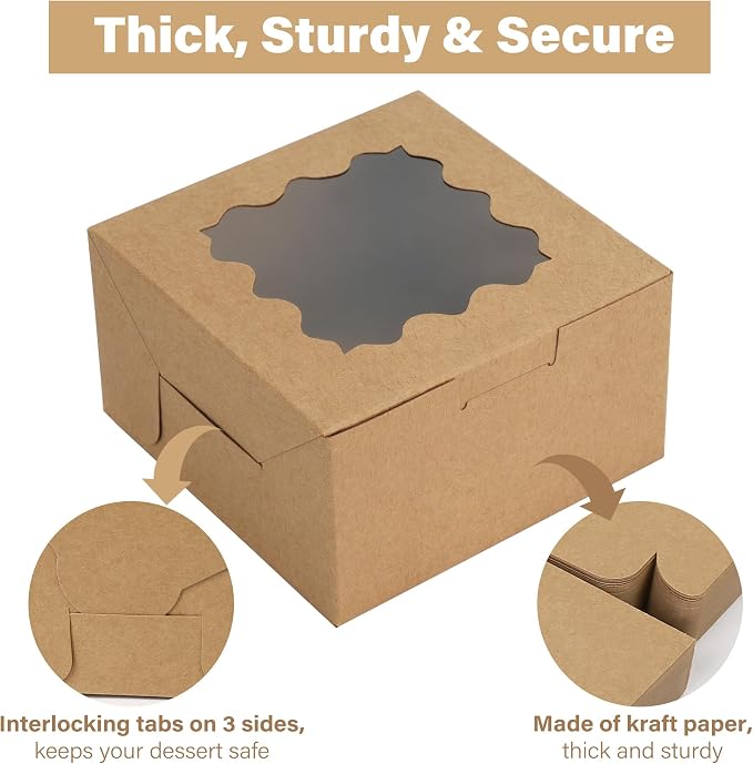 LotFancy 60 Pcs Brown Bakery Boxes with Window, 4x4x2.5 Inches, Small Cookie Boxes, Mini Treat Boxes for Mini Cake, Dessert, Macarons, Chocolates Donuts, Pastries