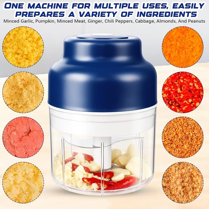 Electric Garlic Chopper,Upgrade Electric Mini Garlic Chopper Set,New Small Garlics Choppers Mincer,USB Rechargeable,Wireless Veggie Grinder,for Mashing Onion,Garlic,Chili,Ginger(Blue,250ML)