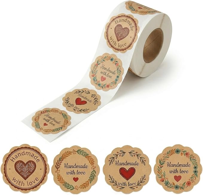 Handmade with Love Stickers Roll, 500 Kraft Paper Labels, 1.5 Inch Floral Scalloped Envelope Seals for Small Business Packaging, Baking, Gift Wrapping, Mason Jars