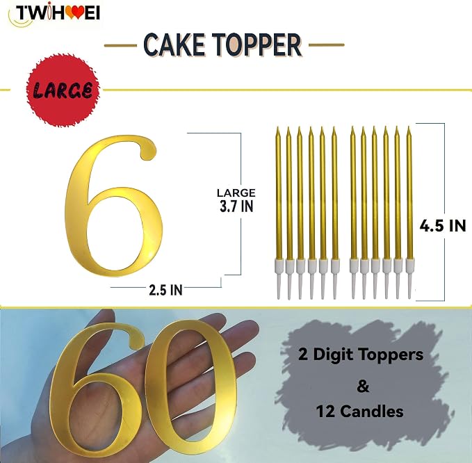 3.7IN Gold Acrylic Number 6/9 Cake Topper with 12 Gold Long Candles - Perfect for 6th and 9th Birthday Party Supplies, Ideal for Cake Decoration