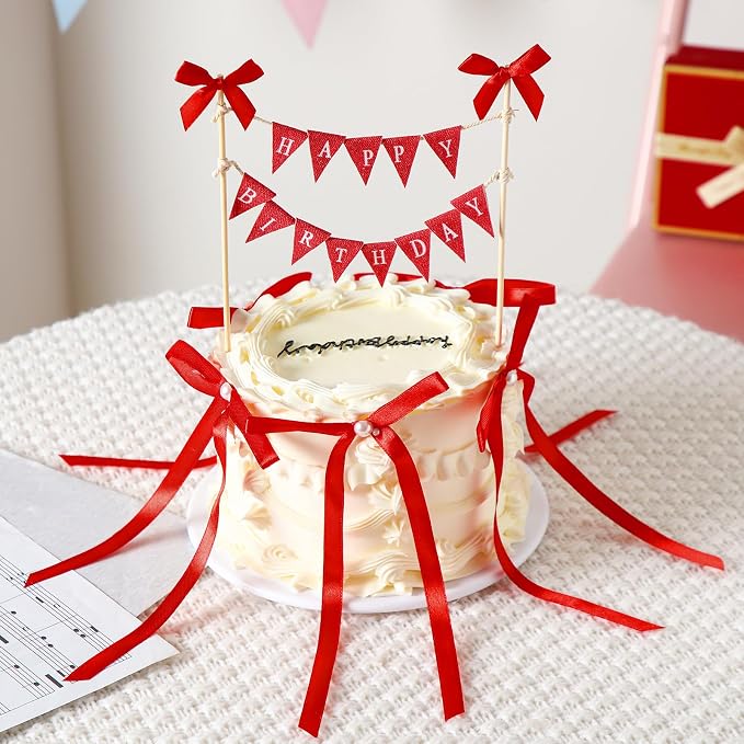 Honeydak 11 Pcs Red Bow Ribbon Cake Topper Happy Birthday Cake Bunting Topper with Wood Pole Handmade Pennant Flags with Bows Ribbon for Birthday, Bridal Party Decoration