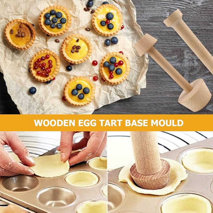 DOERDO 4Pieces Wooden Tart Tamper Set Double-Side Egg Tarts Tamper Pastry Tools DIY Cake Pastry Tool for Mini Egg Tart Cheesecakes Dessert Baking
