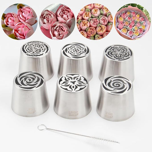 Extra Large Russian Piping Tip Set - 6 Stainless Steel Marshmallow Buttercream Framing Nozzles for 3D Roses Tulip Cake Decorations and Marshmallow Bouquets, Includes 1 Cleaning Brush(6B)