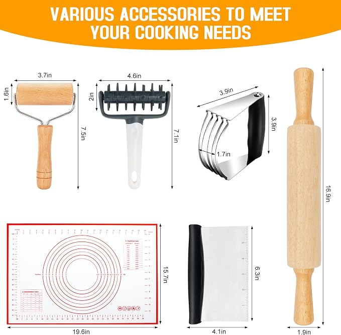 Wooden Rolling Pins for Baking, Small Dough Roller with Handle, Stainless Steel Pastry Blender Set with Pizza Dough Roller Docker, Pastry Cutter, Dough Cutter, Baking Mat, for Home Kitchen Cooking