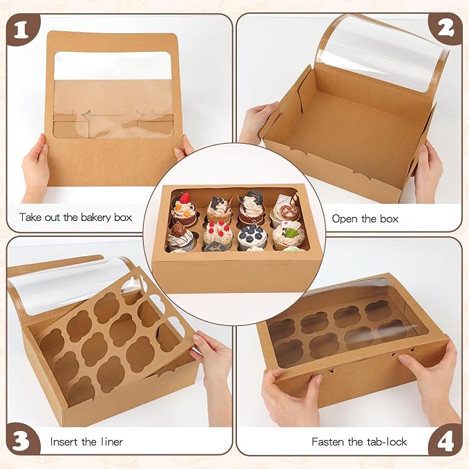 Moretoes 7 Pack Auto-popup Cupcake Boxes Hold 12 Standard Cupcakes, Cupcake Containers with Window and Inserts, Bakery Supplies for Muffins Cookies Treats Dessert (Brown)