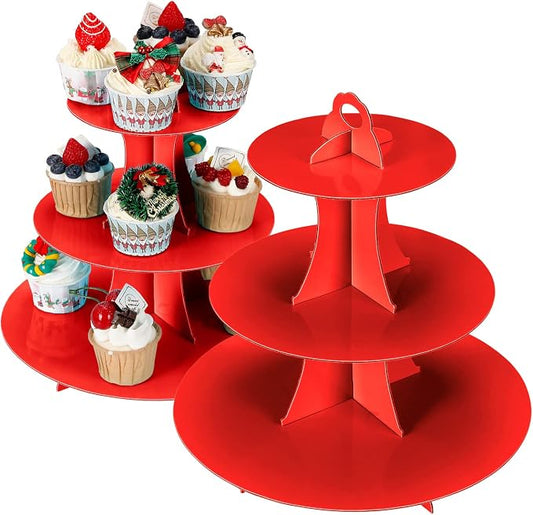 YLDW Cupcake Stand, 3-Tier Cupcake Stand Display, Cardboard Cup Cake Tower Stand, Disposable Dessert Stand for Birthday Tea Party Baby Shower Treat Decorations, Red
