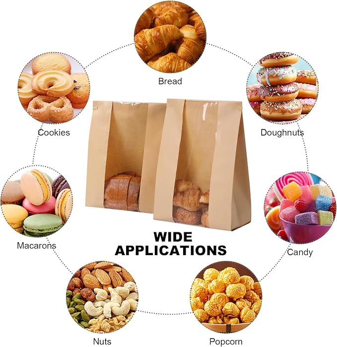 45 Pack Paper Bread Bags for Homemade Baking - Tin Tie Tab Lock Sourdough Bag, Large Loaf Packaging With Clear Window for Storage - 48 Label Seal Stickers for Bakery Use