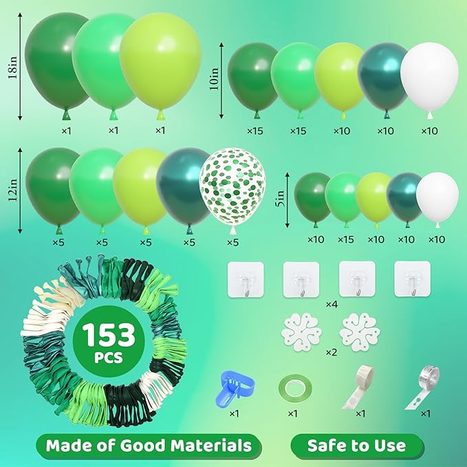 Amandir 153pcs Green Balloon Garland Arch Kit, Different Sizes 18 12 10 5 inch Dark Lime Green Latex Metallic Confetti St Patrick's Day Balloons for Safari Jungle Shower Birthday Party Decorations