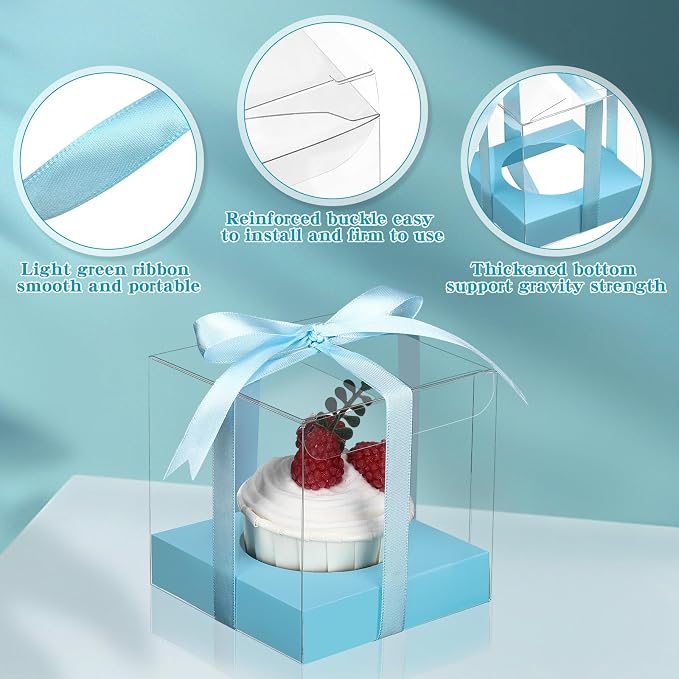 Thenshop 50 Pcs Clear Cupcake Boxes Individual 3.5 Inch Plastic Single Cupcake Containers Boxes with Inserts and Ribbon Individual Cake Storage Holders for Cake Kitchen(Light Blue)