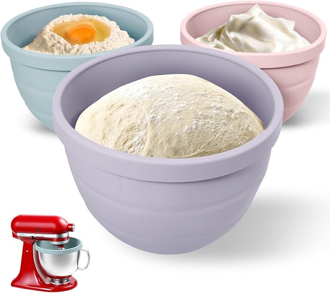 Forenee 5Qt Foldable Silicone Bowl Liners for KitchenAid Tilt-Head,3 Pack | 565g Extra,Thick Inserts with Hanging-Hole Lids, Air-Channel Easy Release ,Dishwasher Safe, Microwave & Freezer Safe
