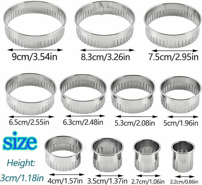11Pcs Fluted Round Cookie Cutter Set, Stainless Steel Scalloped Cookie Cutter, Reusable with Jagged Edge Design for a Special Event,Baking,Pastries,Holiday Everyday Treat (11PCS)