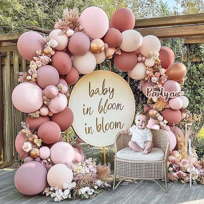Dusty Rose Pink Balloon Arch Kit Double Stuffed Mauve Light Pink Matte Blush Nude Boho Balloon Garland for Baby Shower Birthday Bridal Wedding Flower Anniversary Party Decoration