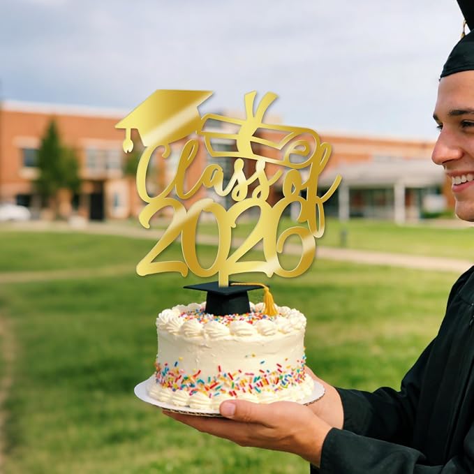 Gold Class of 2026 Congrats Grad Cake Topper Glitter Graduation Party Supplies - High School College Graduates -College Graduate Cake Topper Decorations (Class of 2026 Acrylic gold)