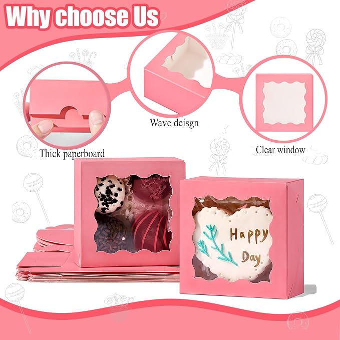 50PCS 3¼" x 3 ¼" x 1 ½" Pink Bakery Boxes with Window - Small Pastry Gift Boxes for Cookies Macarons Truffles Valentine's Day Wedding Birthday Party Favor