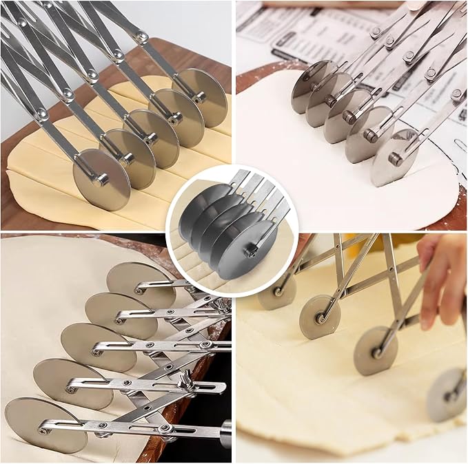5 Wheel Pastry Cutter， Stainless Steel Expandable Dough Divider & Cinnamon Roll Cutter for Pasta, Pizza, Brownies - 2-Pack Multi-Use Baking Tool
