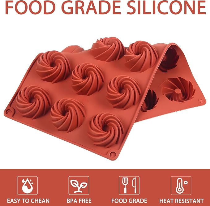 Silicone Swirl Donut Mold, 15-Cavity Mini Spiral Cake Pan, 11.5 x 6.6 inches, 2-Pack, Terra Cotta