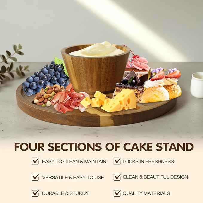 Acacia Wood Cake Stand with Lid, Multi-Functional Cake Display Stand, Flips to Charcuterie Board & Chips Dip Tray, Ideal for Weddings, Parties, Daily Entertaining & Kitchen Decor