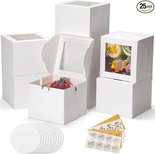 COTOPHER 50pcs 6x6x5 Inch Mini Cake Boxes, 6 Inches Small Bakery Box (25 Boxes & 25 Boards), Bento Cake Containers for Cookies, Cupcake, Desserts, Birthday, Party, Wedding, Valentine's Day