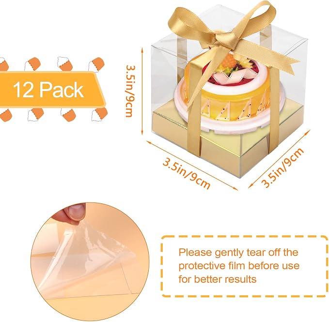 12 Pack Clear Plastic Cupcake Boxes, 3.5 Inch Gold Single Cupcake Containers Disposable Individual Cup Cake Carrier Holder Boxes with Inserts and Ribbon (Gold)