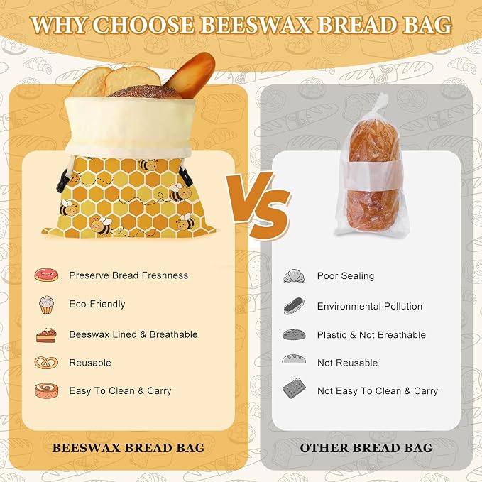 2 Pack Beeswax Bread Bags for Homemade Sourdough Bread, 17x13 Inch Reusable Linen Beeswax Bread Bag with Buckle to Keeps Bread Freshness for Food Storage(Cute Bee)