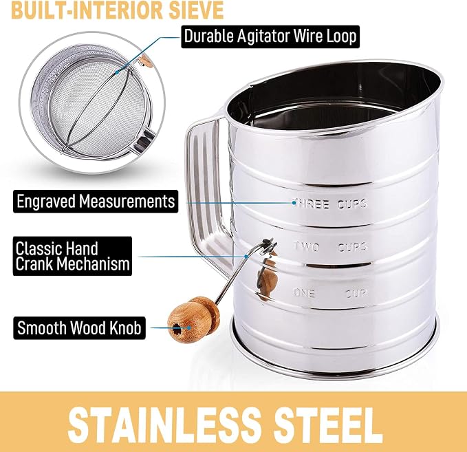 Stainless Steel 3 Cups Flour Sifter for baking | Rotary Hand Crank Powdered sugar shaker and flour duster|