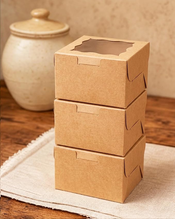 Bakepacker 400pcs Brown Bakery Boxes with Window 4"x 4"x 2.5" Thick & Cookie Boxes & Sturdy Macaroon Pastry