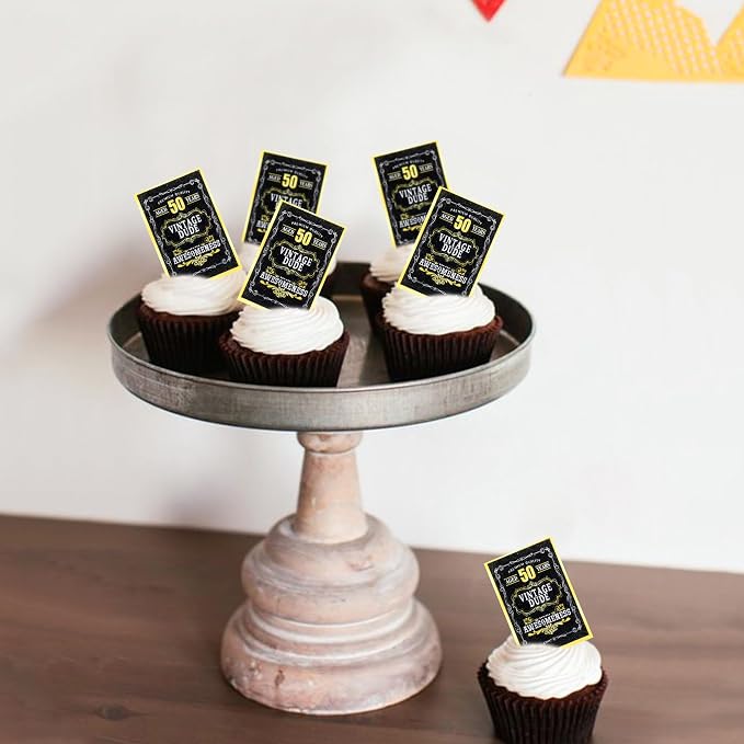 40Pcs Edible Rectangle 50th Birthday Card Cupcake Toppers Edible Black 50 Vintage Dude Awesomeness Cupcake Picks Drink Toppers for 50th Vintage Birthday Anniversary Party Decorations