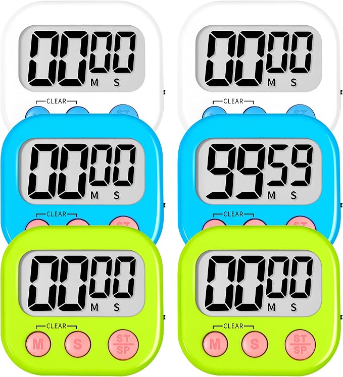 ZILLEEN 6 Pack Kitchen Timers for Cooking Digital Classroom Timers for Teachers Kids White Blue Green