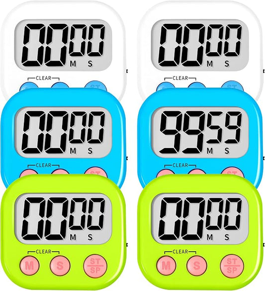 ZILLEEN 6 Pack Kitchen Timers for Cooking Digital Classroom Timers for Teachers Kids White Blue Green
