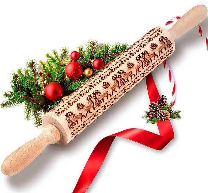 Stocking Stuffers Gifts for Women, Wooden Embossed Rolling Pin for Baking, Deep Engraved Embossing Rolling Pins with Christmas Elk Deer Pattern Designs for Baking Cookies Stamps Roller, DIY Tools