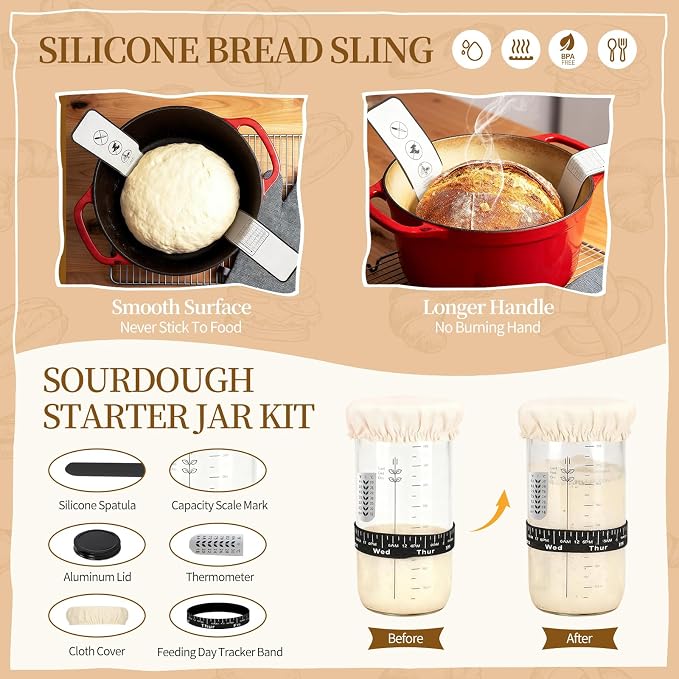 Sourdough Starter Kit with Round & Oval Banneton Bread Proofing Basket Set | Bread Sling, Starter Jar Kit, Dough Whisk, Metal Scrapers, Complete Sourdough Bread Baking Supplies, Gifts for Bakers