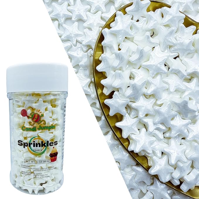 CandiJumpin Edible Star Sprinkles 10 mm, White Stars for Cake Decorating White Star Cake Decoration Large Edible Stars Baby Shower Party Birthday Wedding Christmas 4th of July Supplies 3 OZ