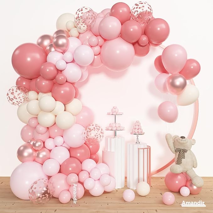 Amandir 153pcs Dusty Pink Balloon Garland Arch Kit, Different Sizes 18 12 10 5 inch Retro Pink Sand White Latex Confetti Balloons for Women Bridal Shower Birthday Party Decorations