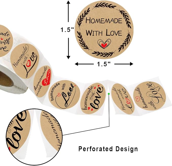 Fancy Land 500 Pcs Homemade with Love Stickers Perforated Roll Business Sticker Labels Home Kitchen Stickers for Homemade Bread 1.5 Inch 9 Designs