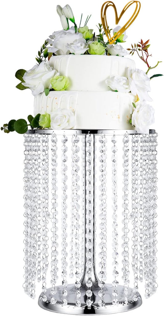 Wedding Cake Stand for Dessert Table 12 Inch Silver Crystal Pendants Metal Cake Stand Serves as A Round Dessert Cupcake Display Plate 16 Inch Tall (Silver)
